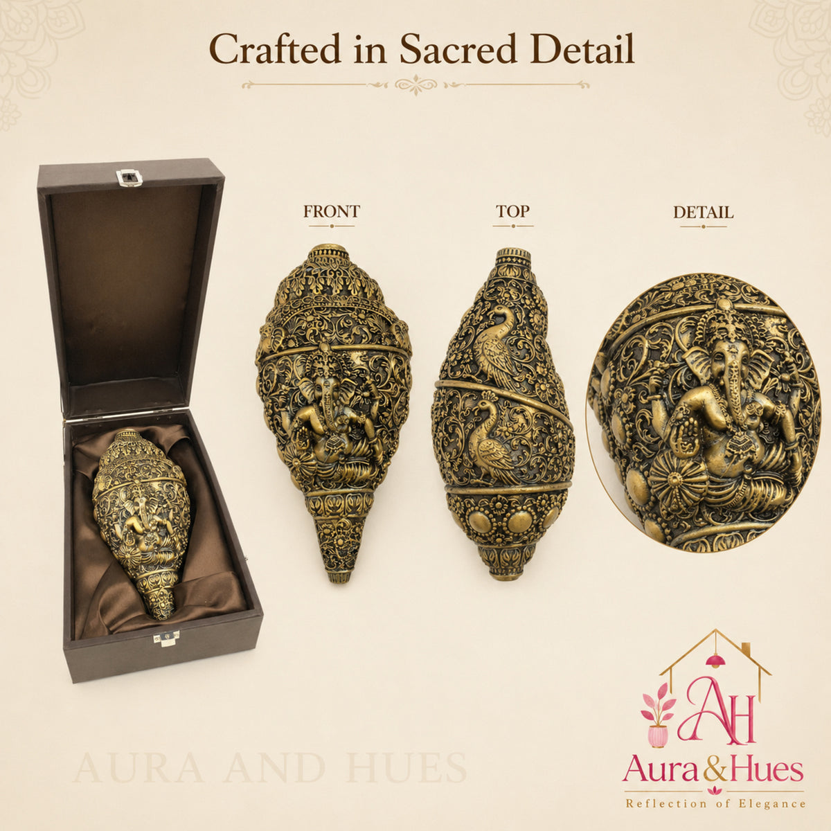 Sacred Divine Ganesha Shankh with Dark Brown Display Box - Antique Gold