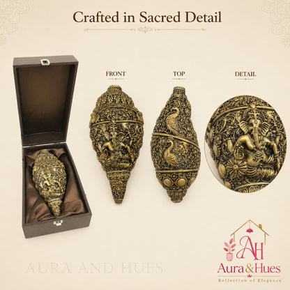 Sacred Divine Ganesha Shankh with Dark Brown Display Box - Antique Gold