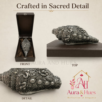 Sacred Divine Ganesha Shankh with Dark Brown Display Box - Silver