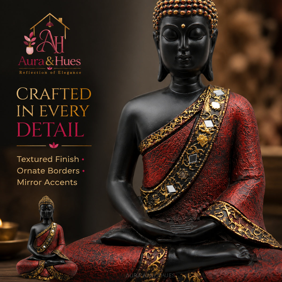 Contemplative Sitting Buddha Statue - Crimson Red & Black