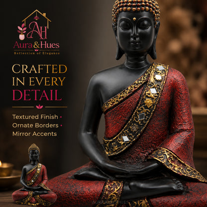 Contemplative Sitting Buddha Statue - Crimson Red & Black