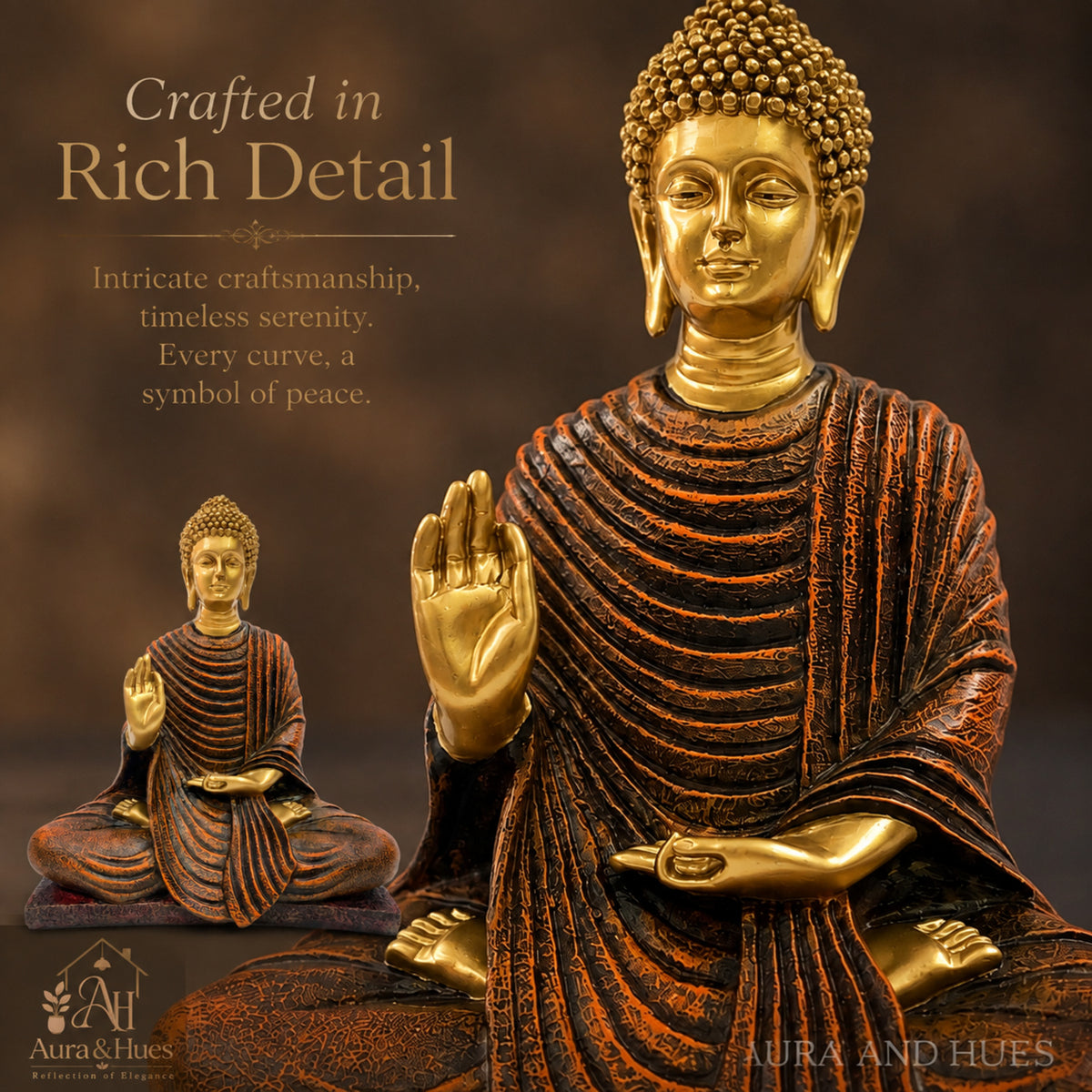 Serene Blessing Buddha Statue - Gold, Dark Brown & Terracotta