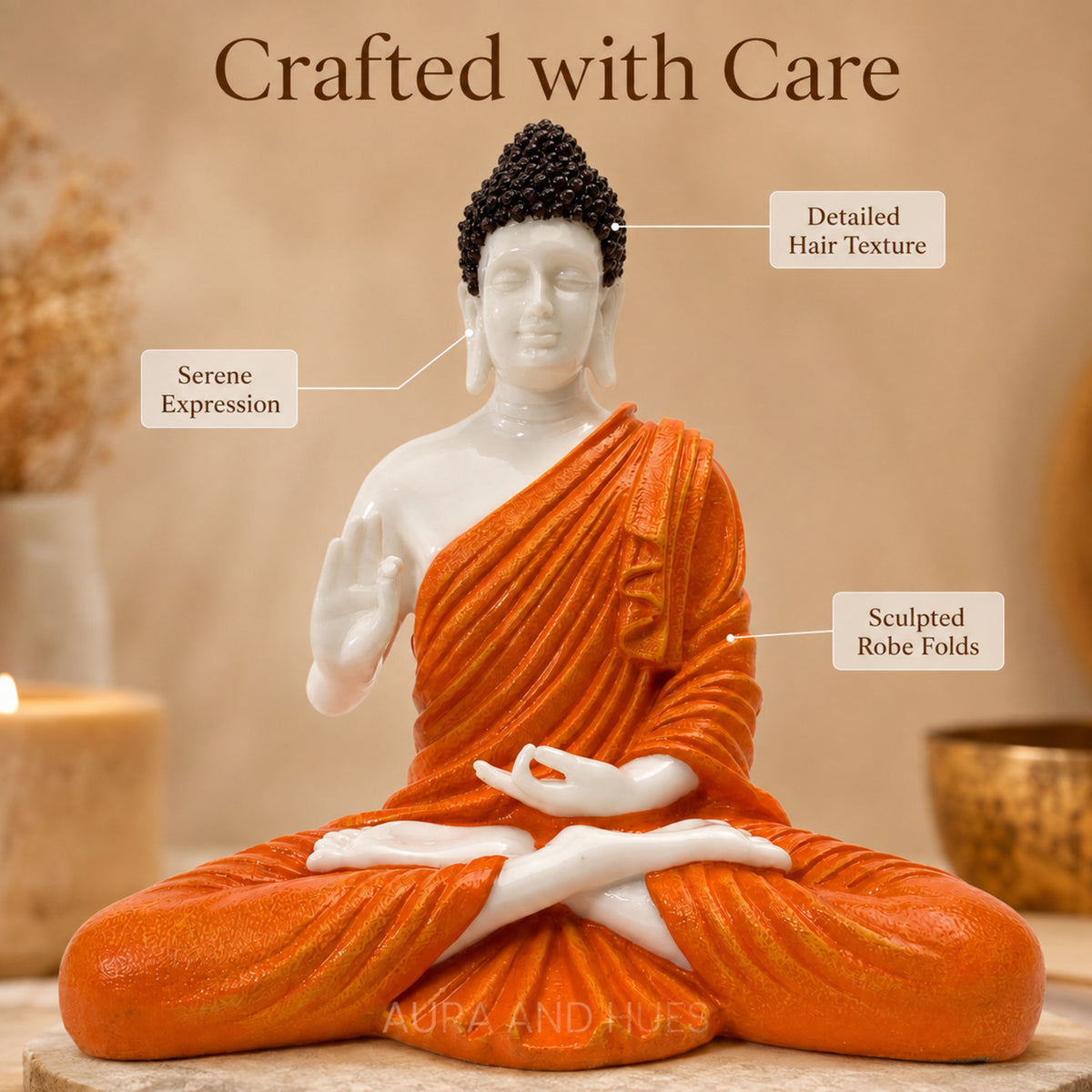 Meditating Dhyana Buddha Idol - White & Terracotta Orange