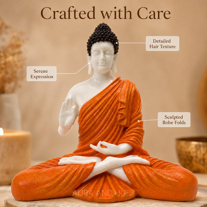 Meditating Dhyana Buddha Idol - White & Terracotta Orange