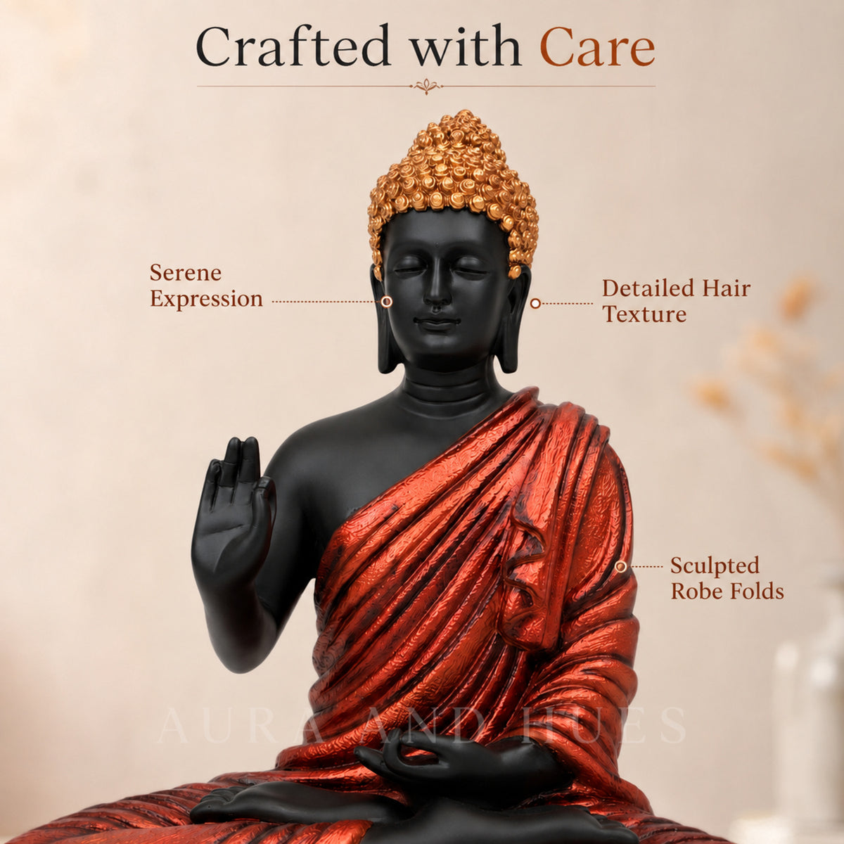 Meditating Dhyana Buddha Idol - Midnight Black & Orange
