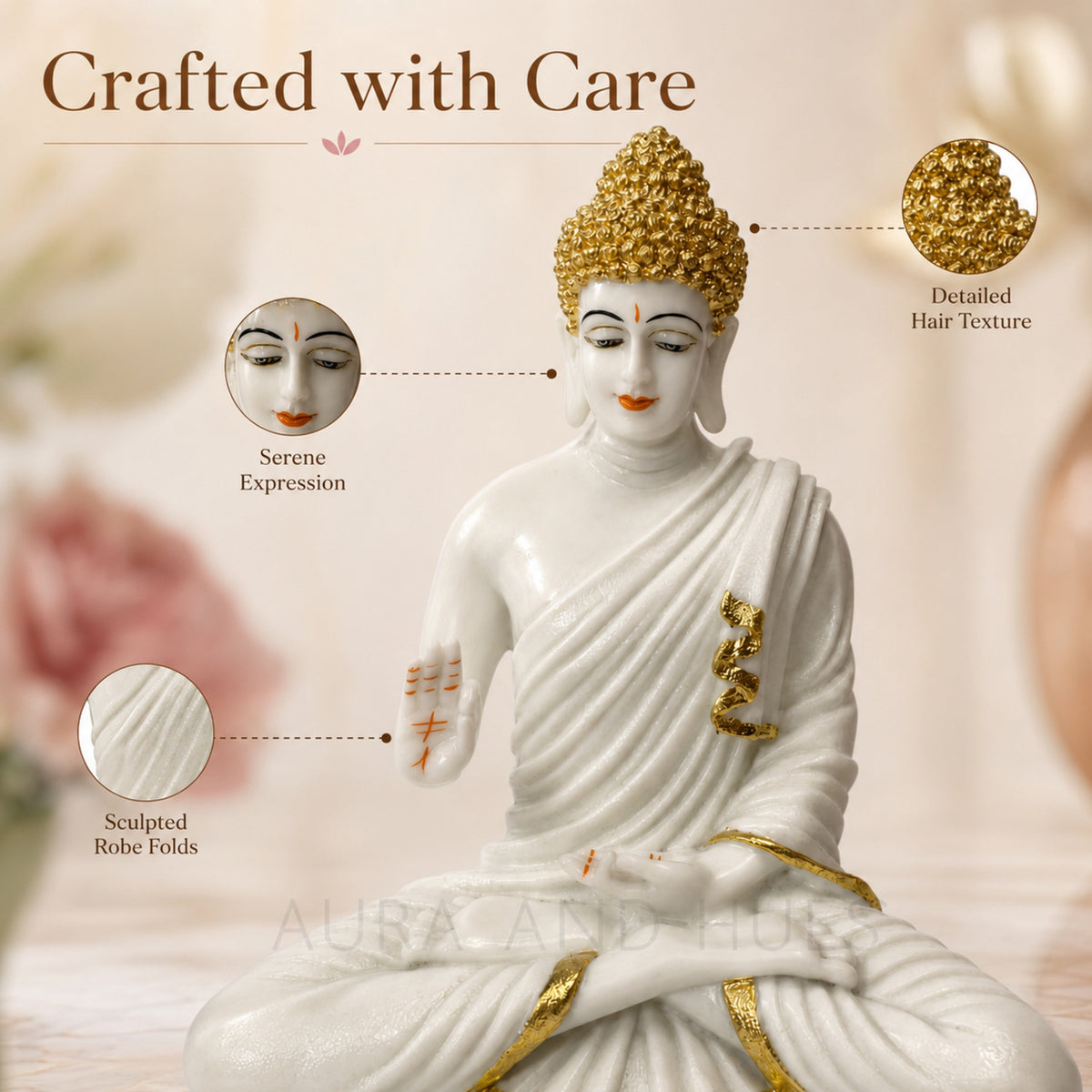 Meditating Dhyana Buddha Idol - White & Gold