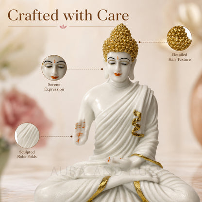 Meditating Dhyana Buddha Idol - White & Gold