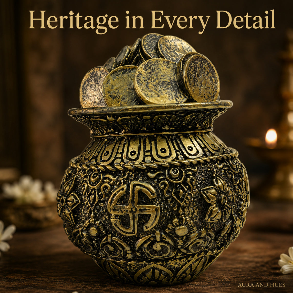 Auspicious Antique Gold Coin Kalash Idol for Pooja & Decor