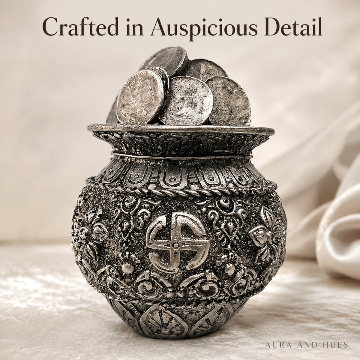 Auspicious Antique Silver Coin Kalash Idol for Pooja & Decor