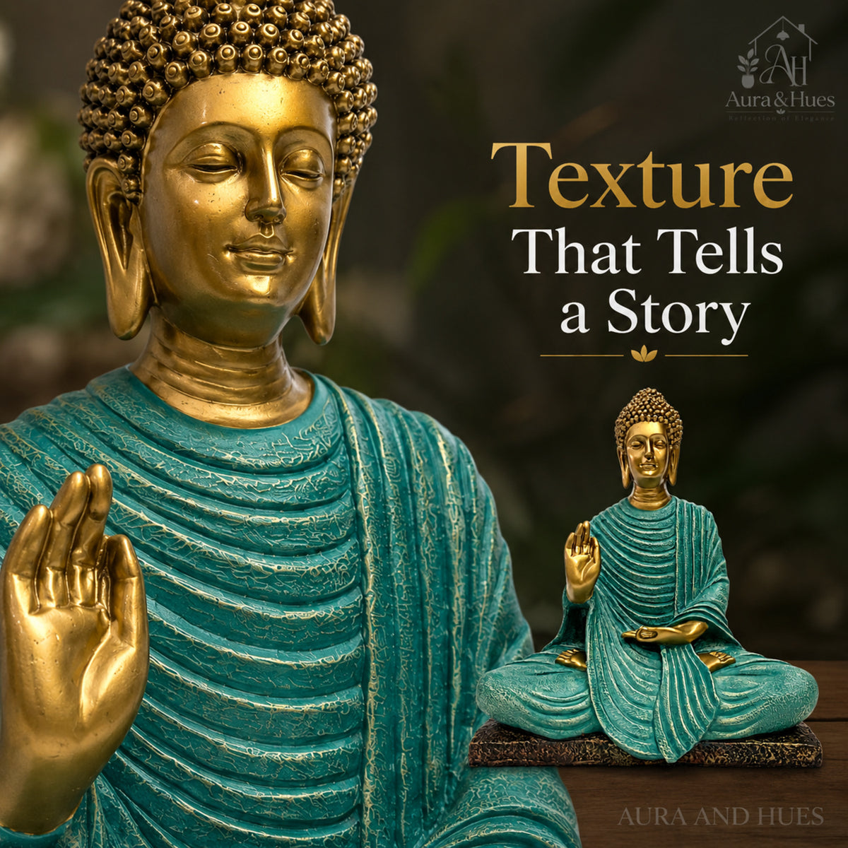 Serene Blessing Buddha Statue - Metallic Gold & Turkish Blue