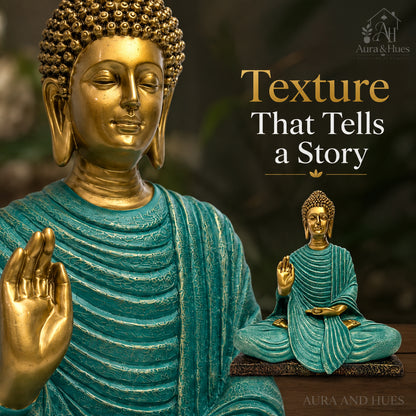 Serene Blessing Buddha Statue - Metallic Gold & Turkish Blue