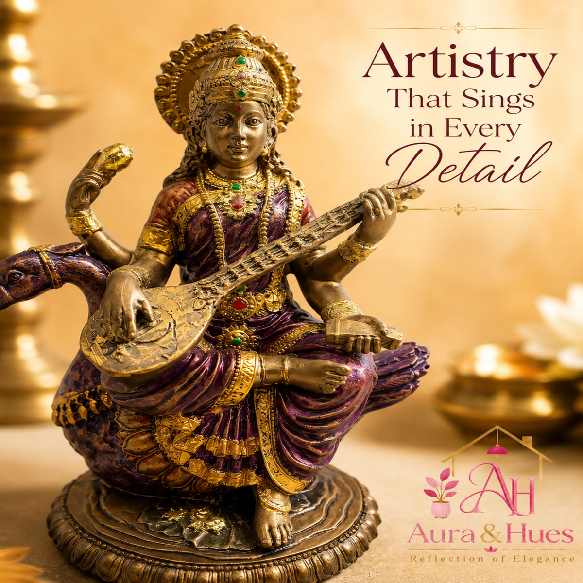 Divine Goddess Saraswati Idol with Veena - Antique Bronze, Gold & Violet