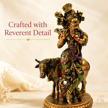 Sacred Lord Krishna with Sacred Kamadhenu Cow Idol - Antique Bronze & Multi-Tone