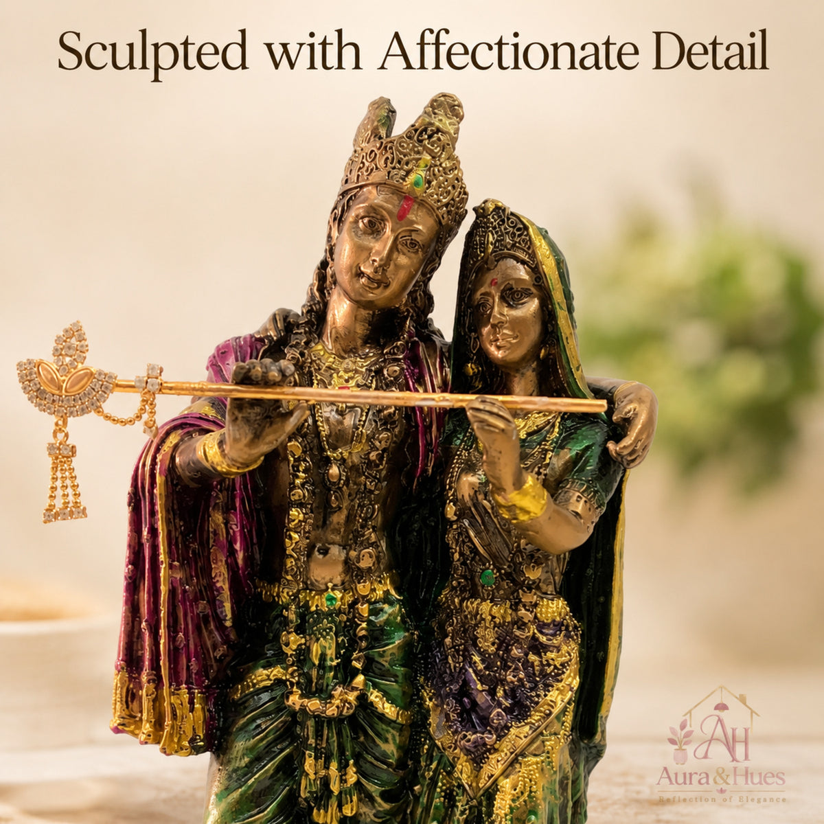 Ornate Divine Radha Krishna Statue - Antique Gold, Emerald Green & Maroon