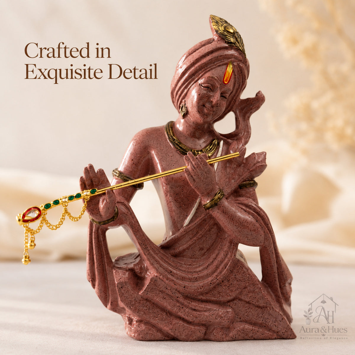 Divine Lord Krishna Playing Flute Idol - Dusty Rose Gold