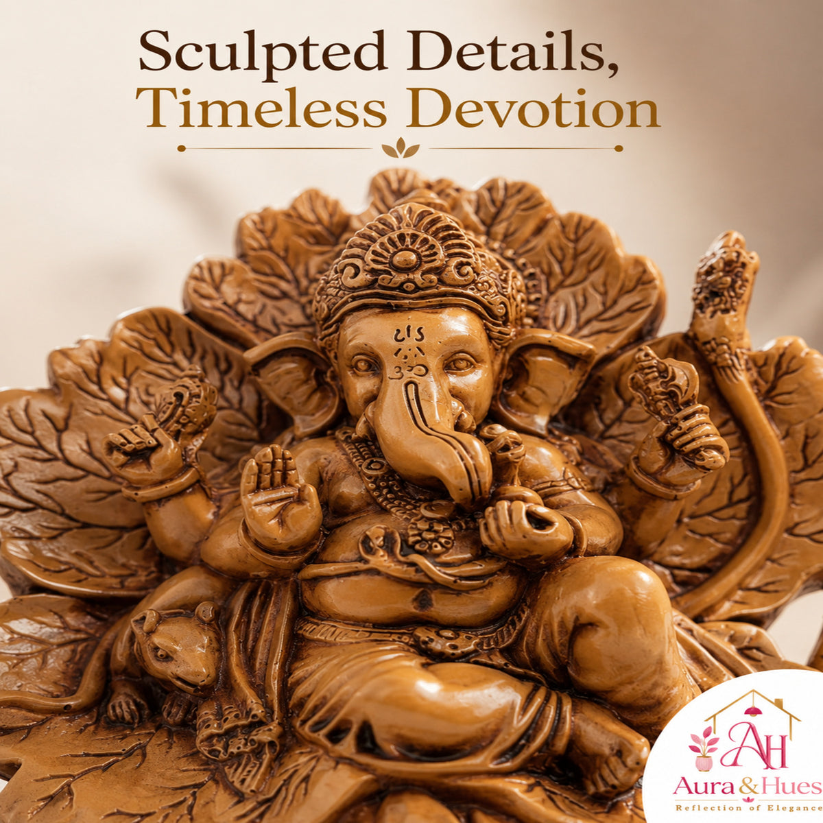 Artisanal Patta Ganesha Idol on Peepal Leaf - Matte Earthy Brown (Compact)