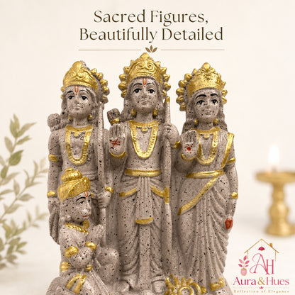 Sacred Stone-Finish Shri Ram Darbar Idol - Pinkish Beige & Gold