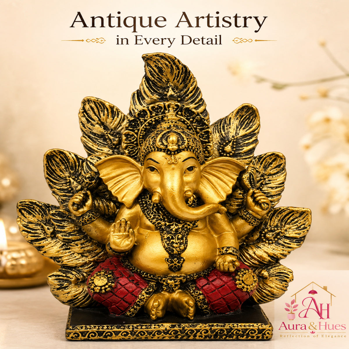 Artisanal Patta Ganesha Idol on Peepal Leaf - Antique Gold & Rich Maroon