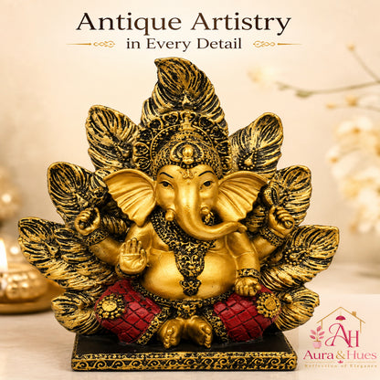 Artisanal Patta Ganesha Idol on Peepal Leaf - Antique Gold & Rich Maroon