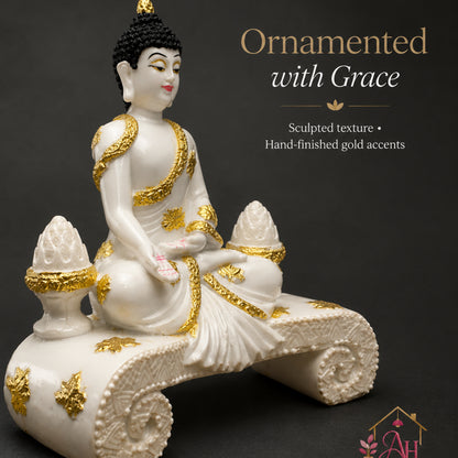 Serene Seated Buddha with Mudra - Pearl White & Gold