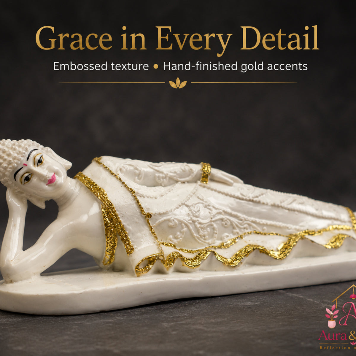 Serene Reclining Buddha Figurine - Pearl White & Gold