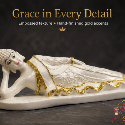 Serene Reclining Buddha Figurine - Pearl White & Gold