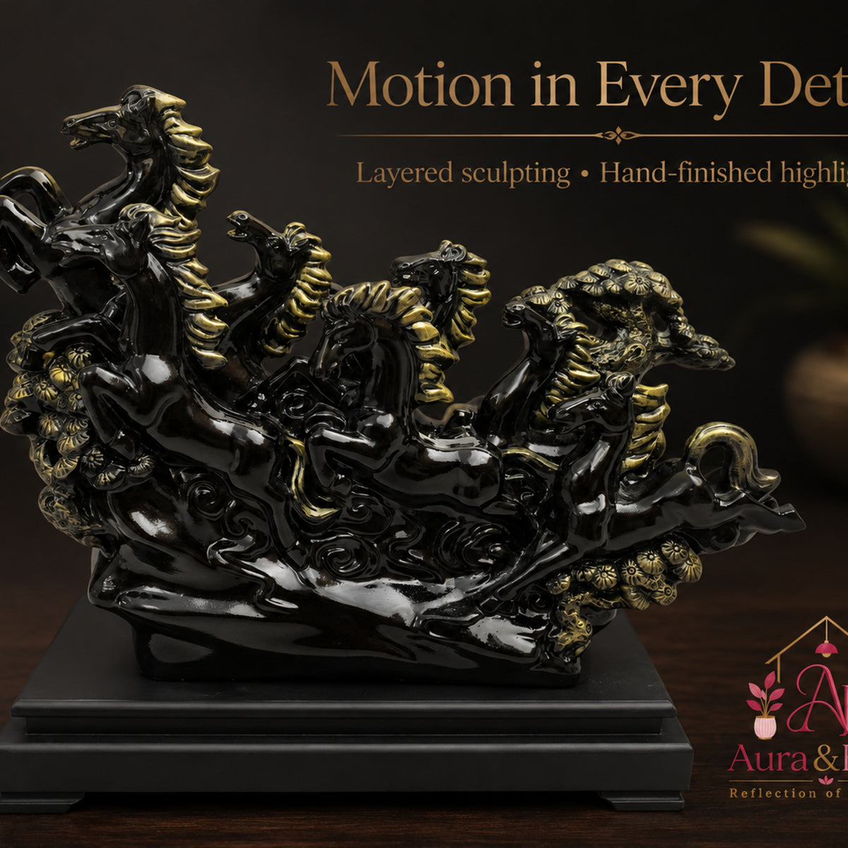 Vastu Regal Rearing Stallion Figurine - Antique Black & Black Base