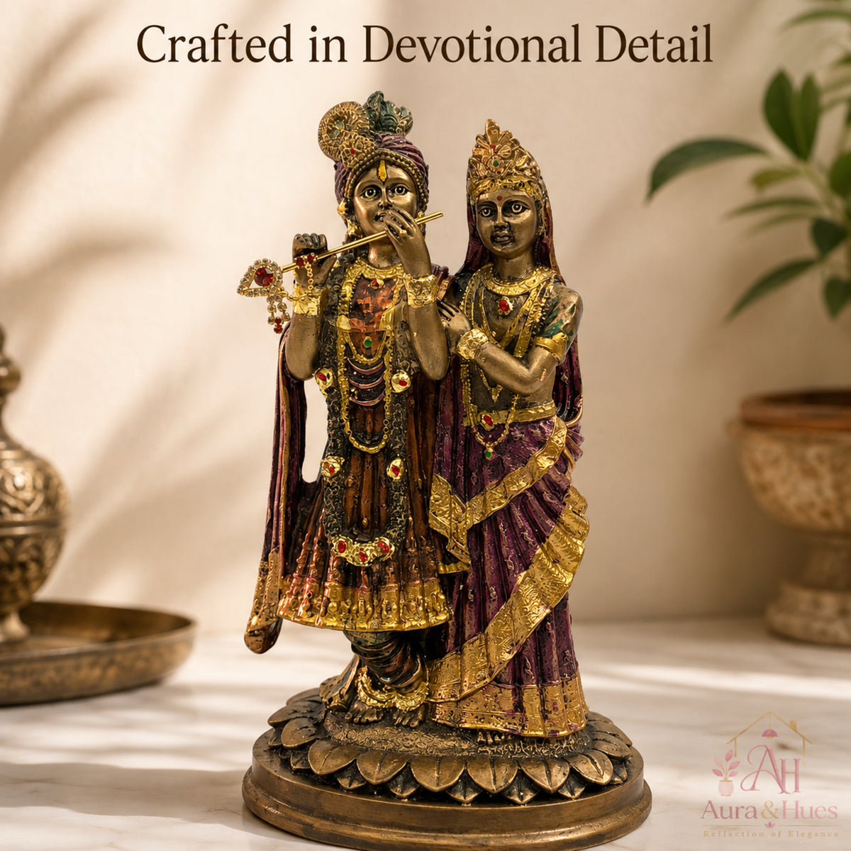 Divine Radha Krishna Embracing Idol - Antique Bronze, Gold & Maroon