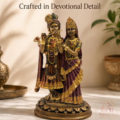 Divine Radha Krishna Embracing Idol - Antique Bronze, Gold & Maroon