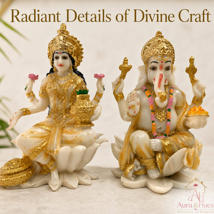 Auspicious Lakshmi Ji & Ganesha Ji Statues Set - Pristine White & Gold