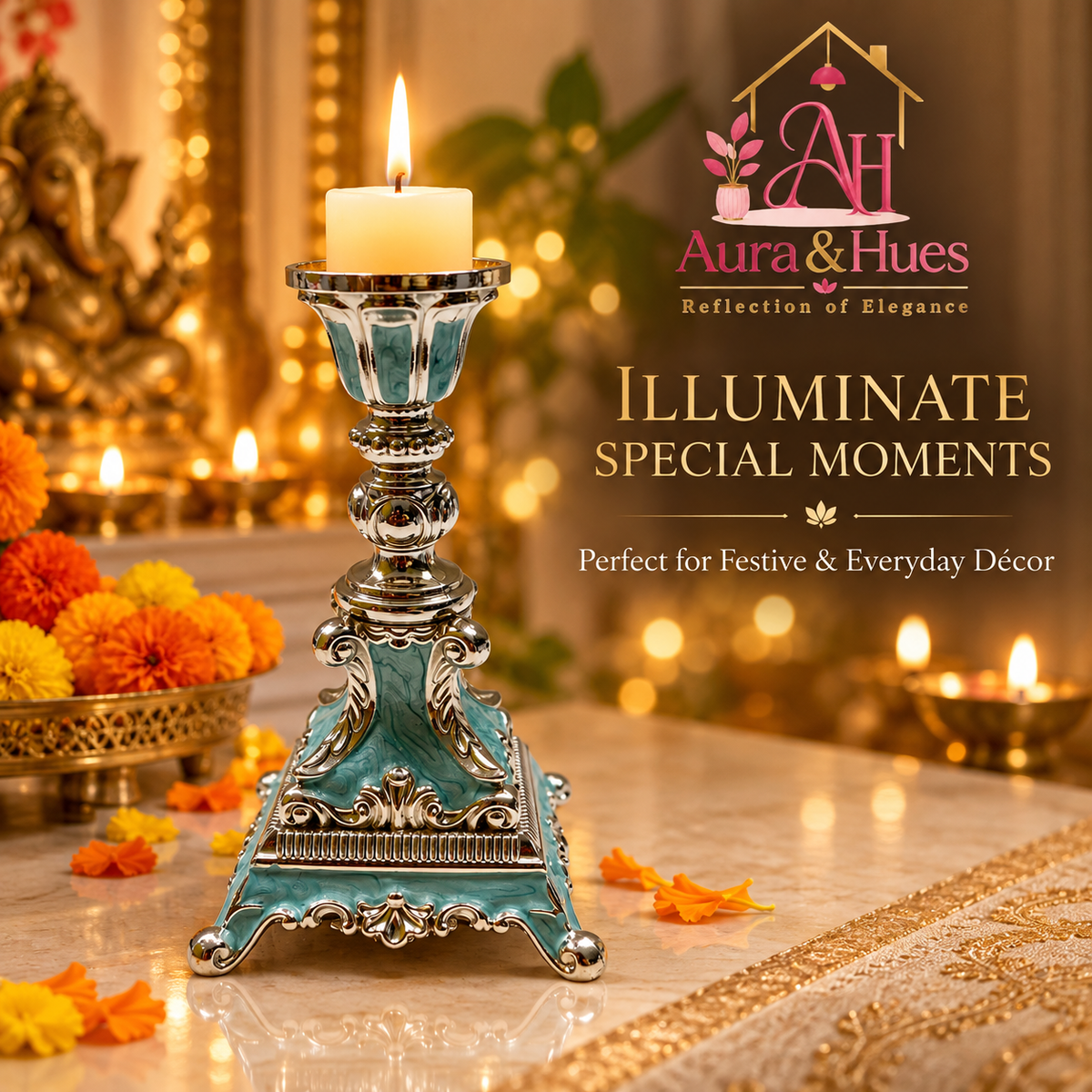 Aura & Hues Modern Geometric Square Pillar Candle Stand and Lantern Holder - Handcrafted Metal Centerpiece in Pastel Light Blue (9.5 x 15 cm)