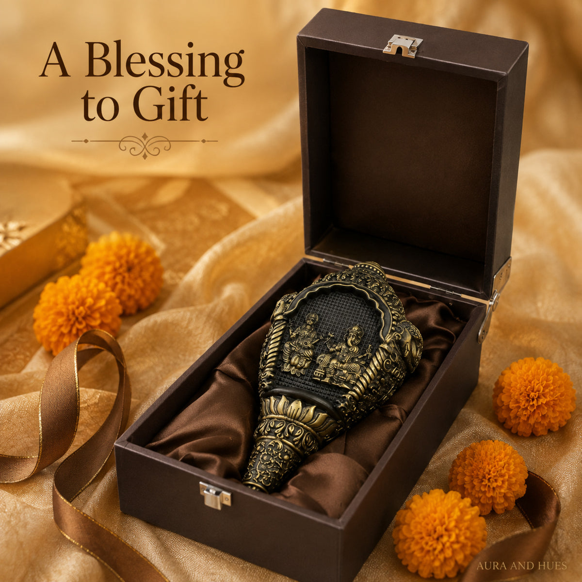 Lakshmi & Ganesha Shankh Duo with Dark Brown Box - Antique Gold