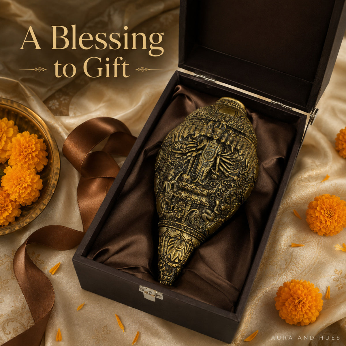 Sacred Lord Vishnu Shankh with Dark Brown Display Box - Antique Gold