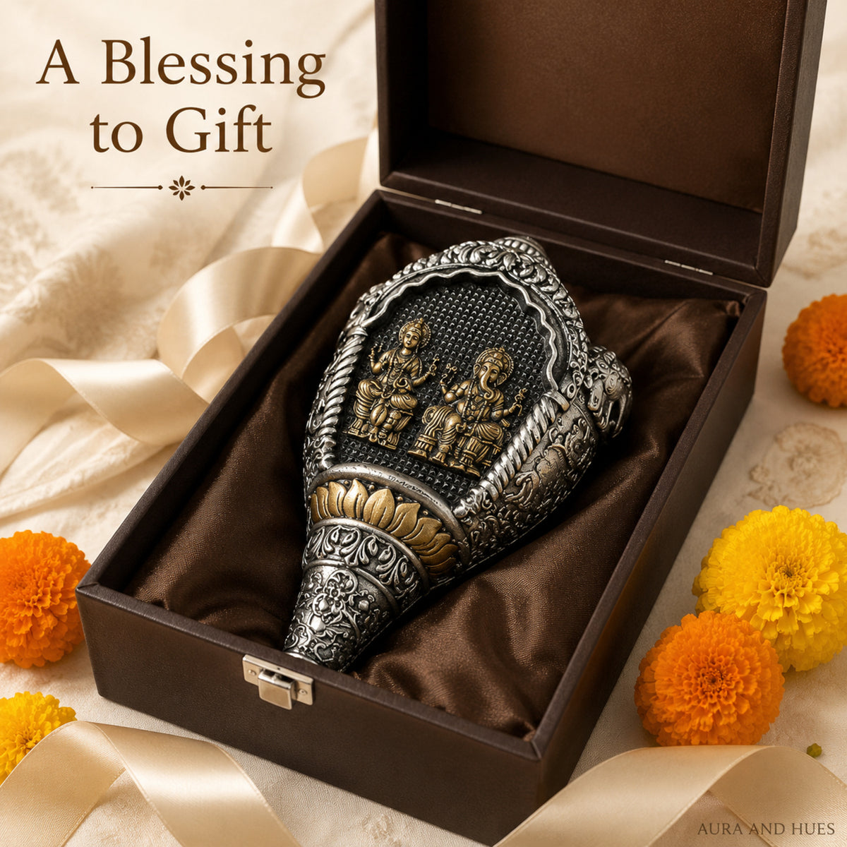 Divine Lakshmi & Ganesha Shankh Duo with Dark Brown Box - Silver & Gold