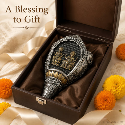 Divine Lakshmi & Ganesha Shankh Duo with Dark Brown Box - Silver & Gold