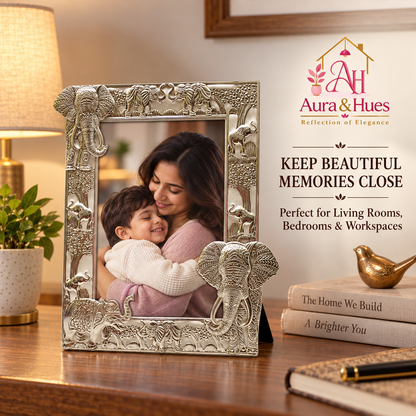 Aura & Hues Traditional Royal Elephant Handcrafted Wooden Photo Frame and Tabletop Desktop Art Decor - Pristine White Finish (17.7 x 22.8 cm)