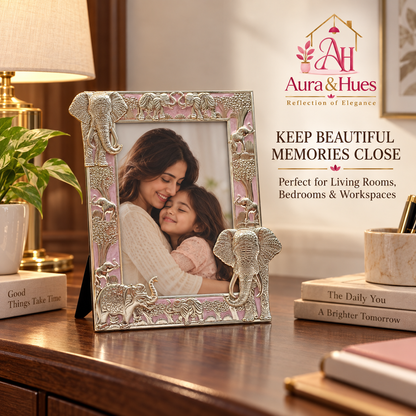 Aura & Hues Traditional Royal Elephant Handcrafted Wooden Photo Frame and Tabletop Desktop Art Decor - Charming Blush Pink Finish (17.7 x 22.8 cm)