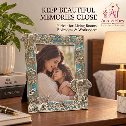 Aura & Hues Traditional Royal Elephant Handcrafted Wooden Photo Frame and Tabletop Desktop Art Decor - Vibrant Royal Blue Finish (17.7 x 22.8 cm)