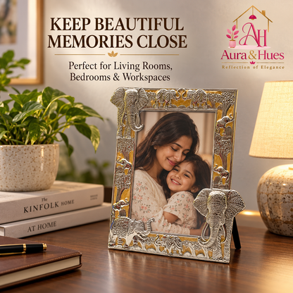 Aura & Hues Traditional Royal Elephant Handcrafted Wooden Photo Frame and Tabletop Desktop Art Decor - Festive Golden Yellow Finish (17.7 x 22.8 cm)