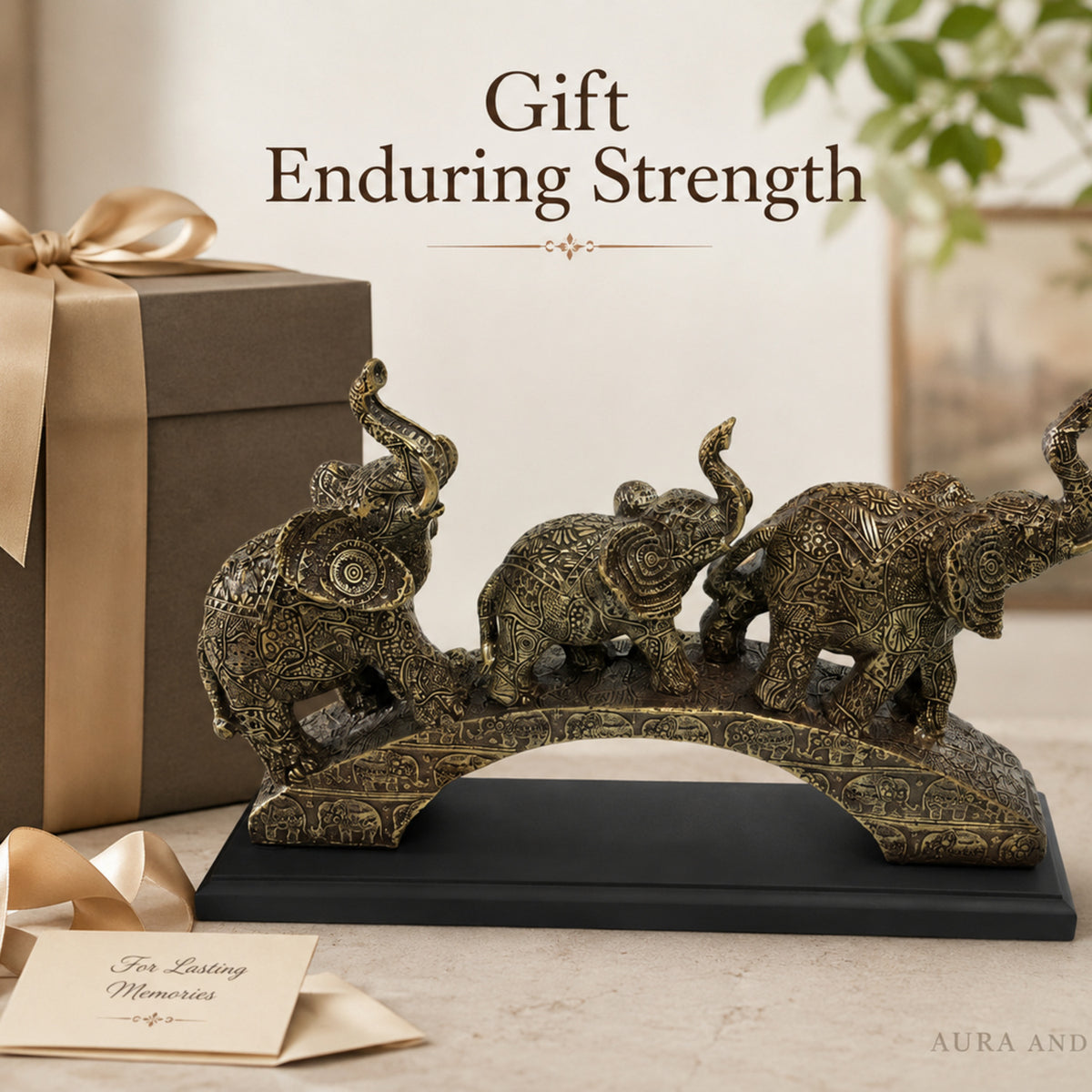 Trio of Lucky Feng Shui Elephants on Base - Antique Silver Bronze