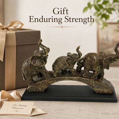 Trio of Lucky Feng Shui Elephants on Base - Antique Silver Bronze