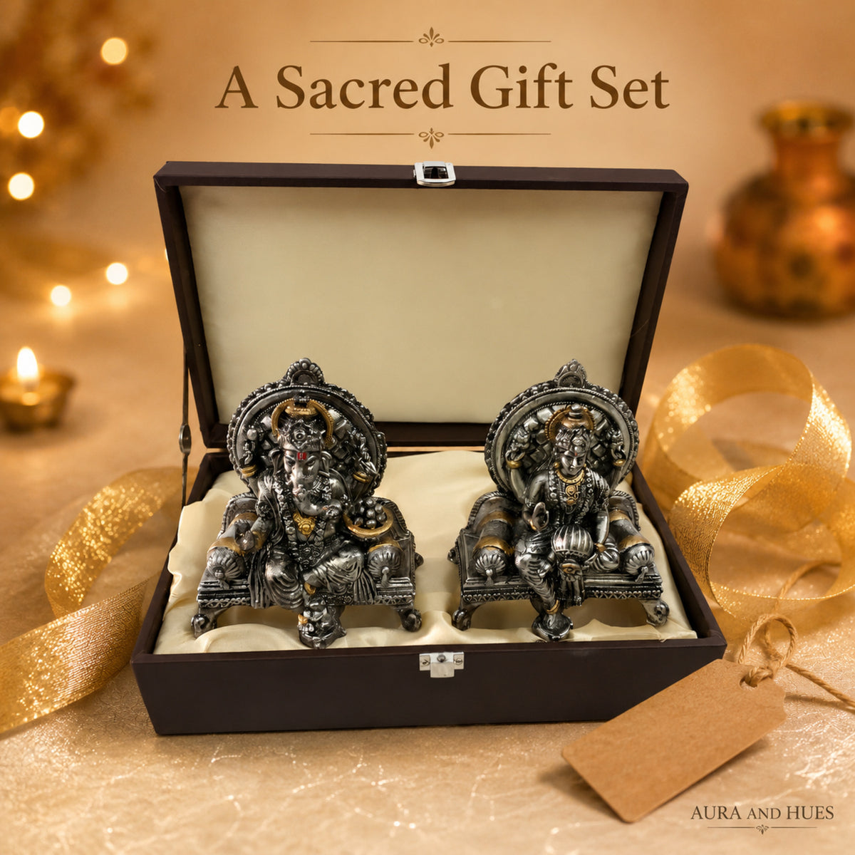 Divine Ganesha & Lakshmi Idol Set with Premium Box - Antique Silver