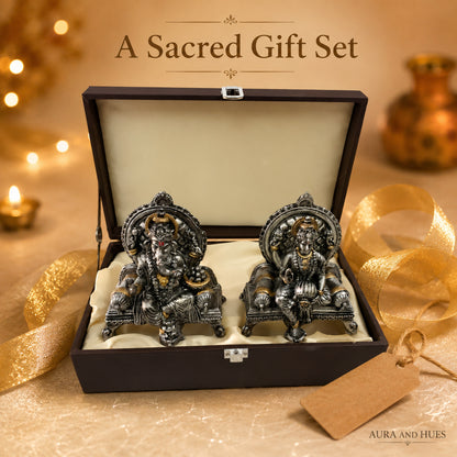 Divine Ganesha & Lakshmi Idol Set with Premium Box - Antique Silver