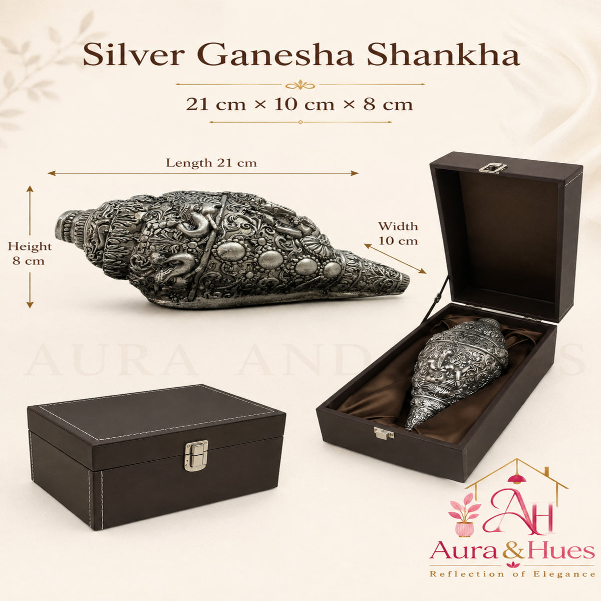 Sacred Divine Ganesha Shankh with Dark Brown Display Box - Silver