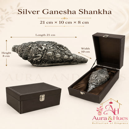 Sacred Divine Ganesha Shankh with Dark Brown Display Box - Silver