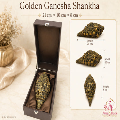 Sacred Divine Ganesha Shankh with Dark Brown Display Box - Antique Gold