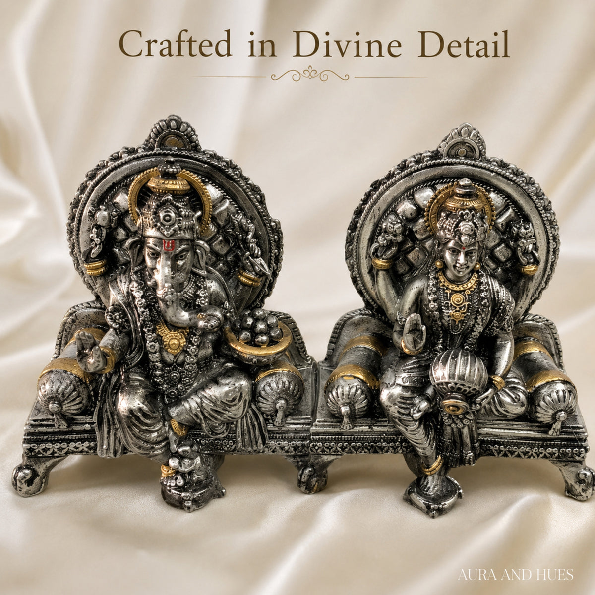 Divine Ganesha & Lakshmi Idol Set with Premium Box - Antique Silver