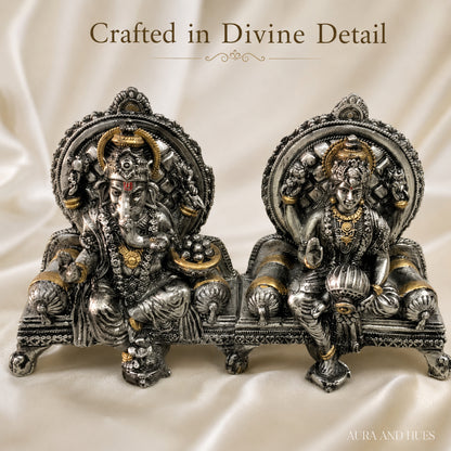 Divine Ganesha & Lakshmi Idol Set with Premium Box - Antique Silver