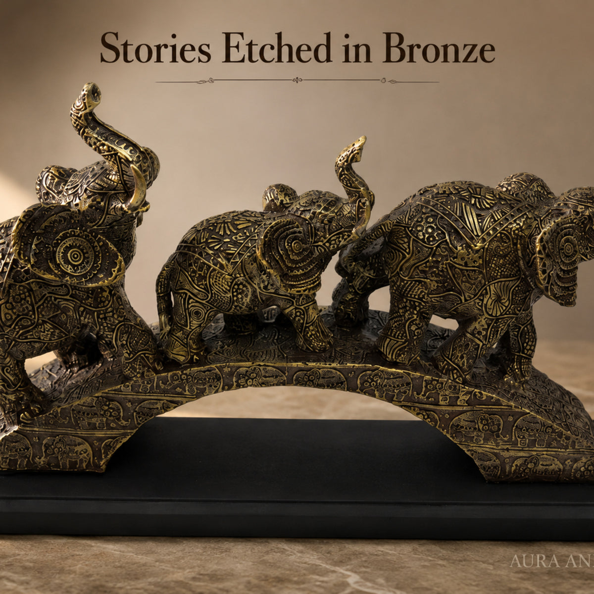 Trio of Lucky Feng Shui Elephants on Base - Antique Silver Bronze