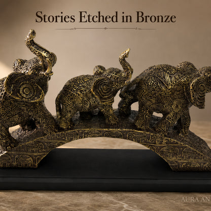 Trio of Lucky Feng Shui Elephants on Base - Antique Silver Bronze
